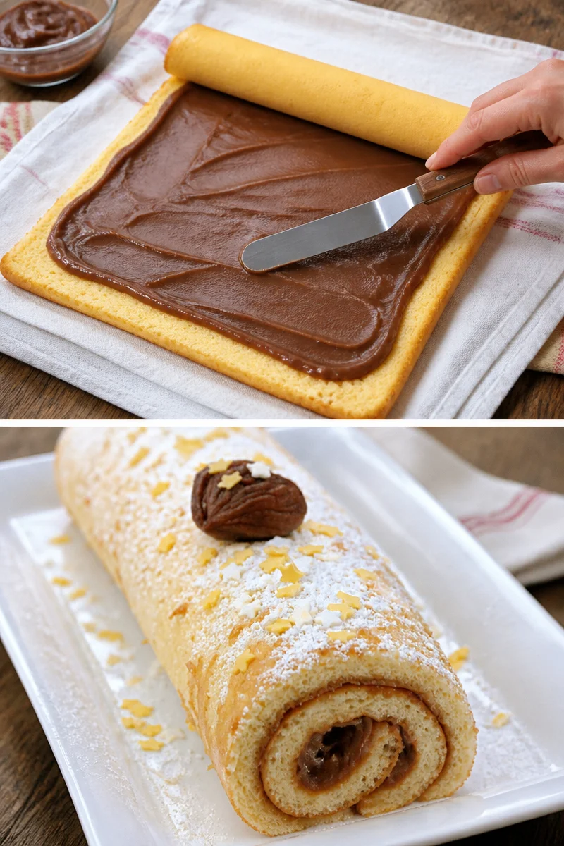 Biscuit roulé aux marrons, un dessert savoureux et festif.