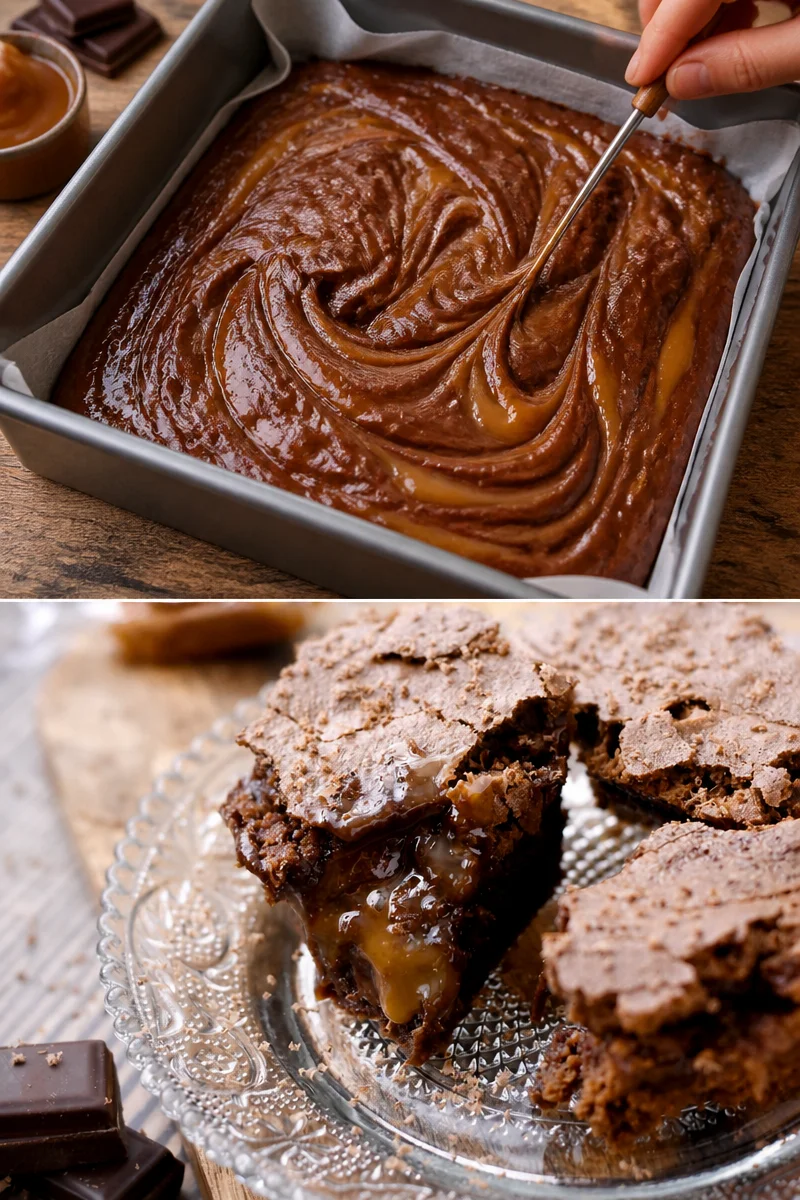 Brownie marbré chocolat caramel au beurre salé, prêt à déguster
