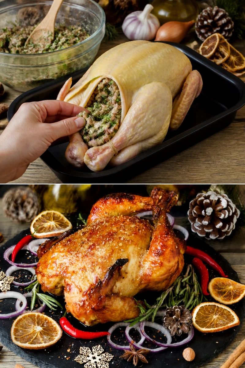 Chapon farci de Noël, un plat traditionnel festif et savoureux.