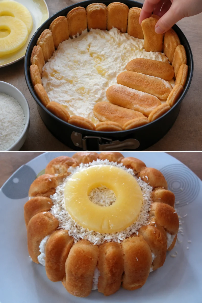 Délicieuse Charlotte noix de coco et ananas garnie de fruits exotiques