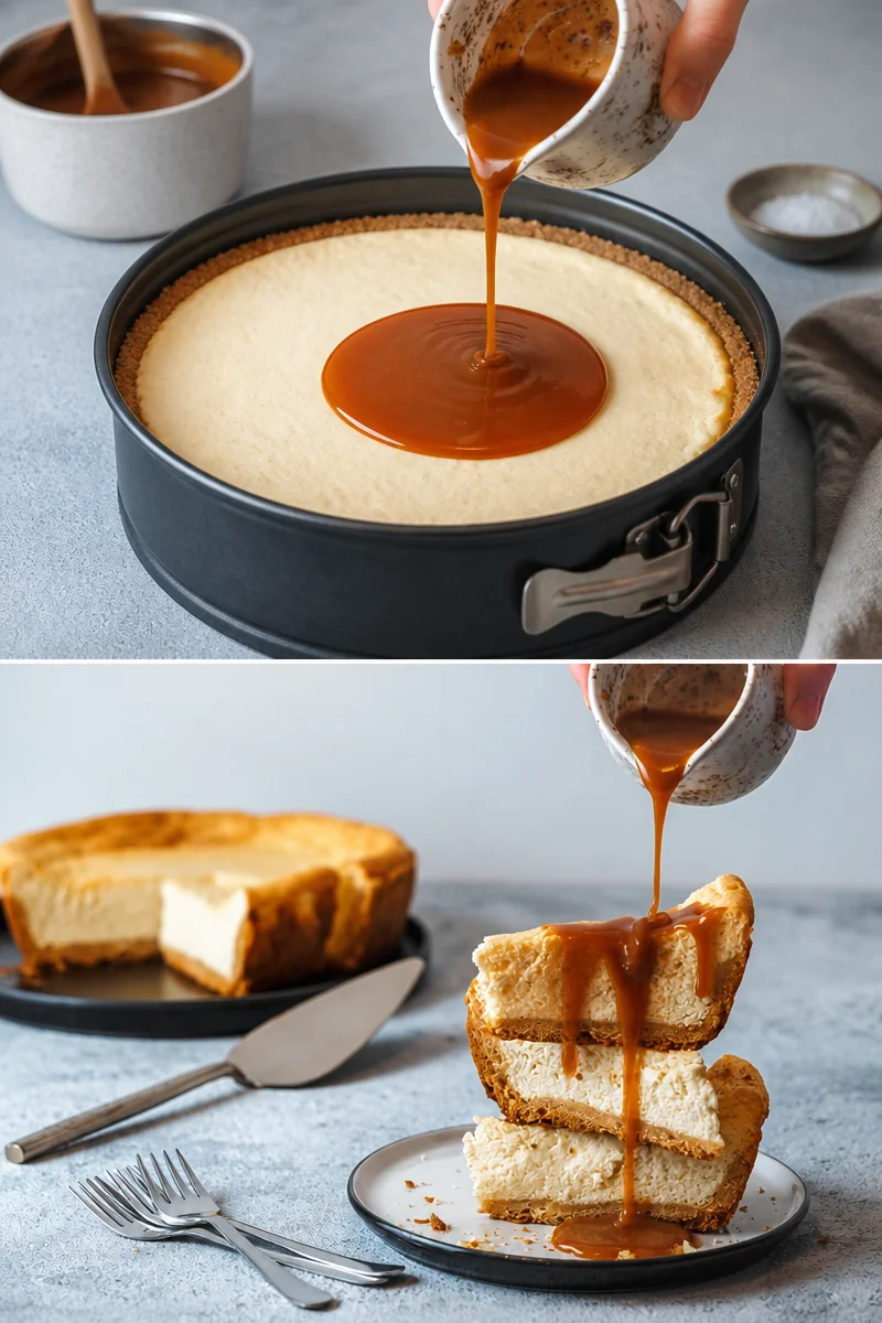 Cheesecake crémeux avec sauce caramel au beurre salé décoratif