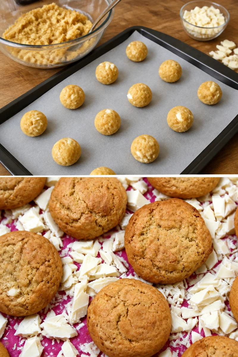Cookies au chocolat blanc fraîchement cuits sur une plaque