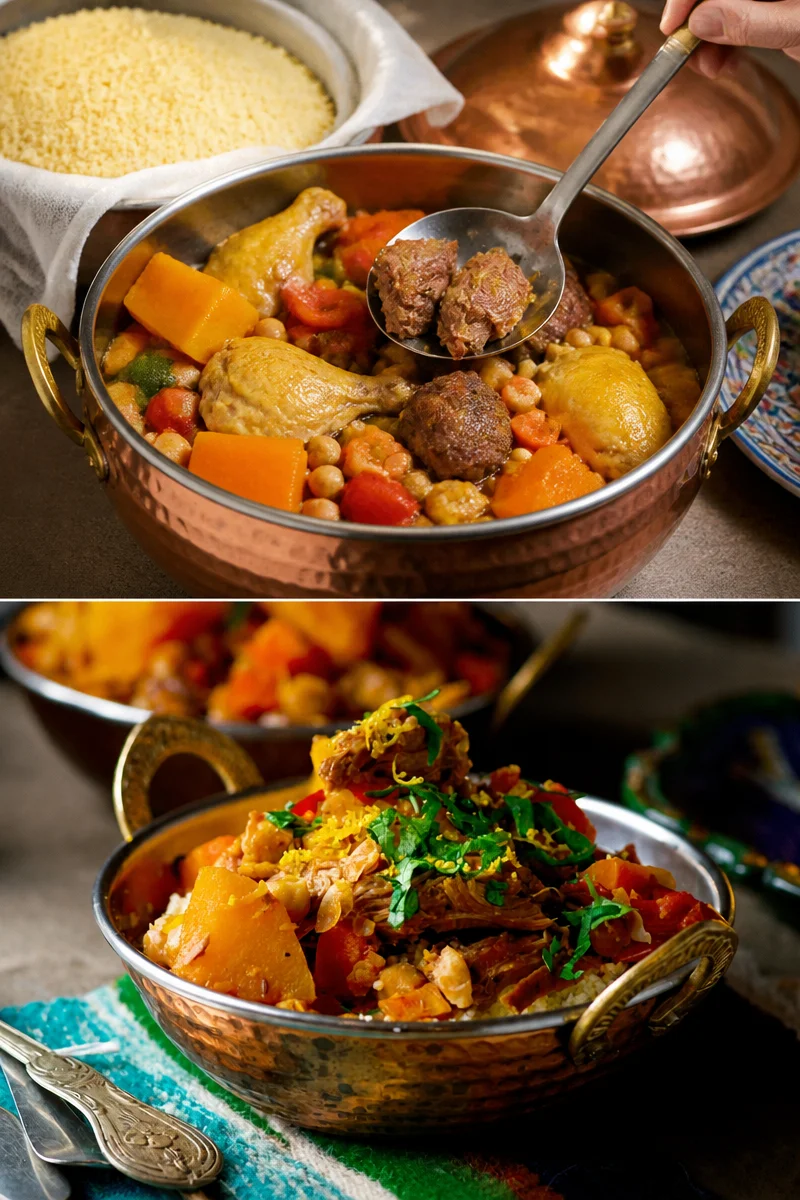Couscous poulet, boeuf et agneau, plat marocain traditionnel