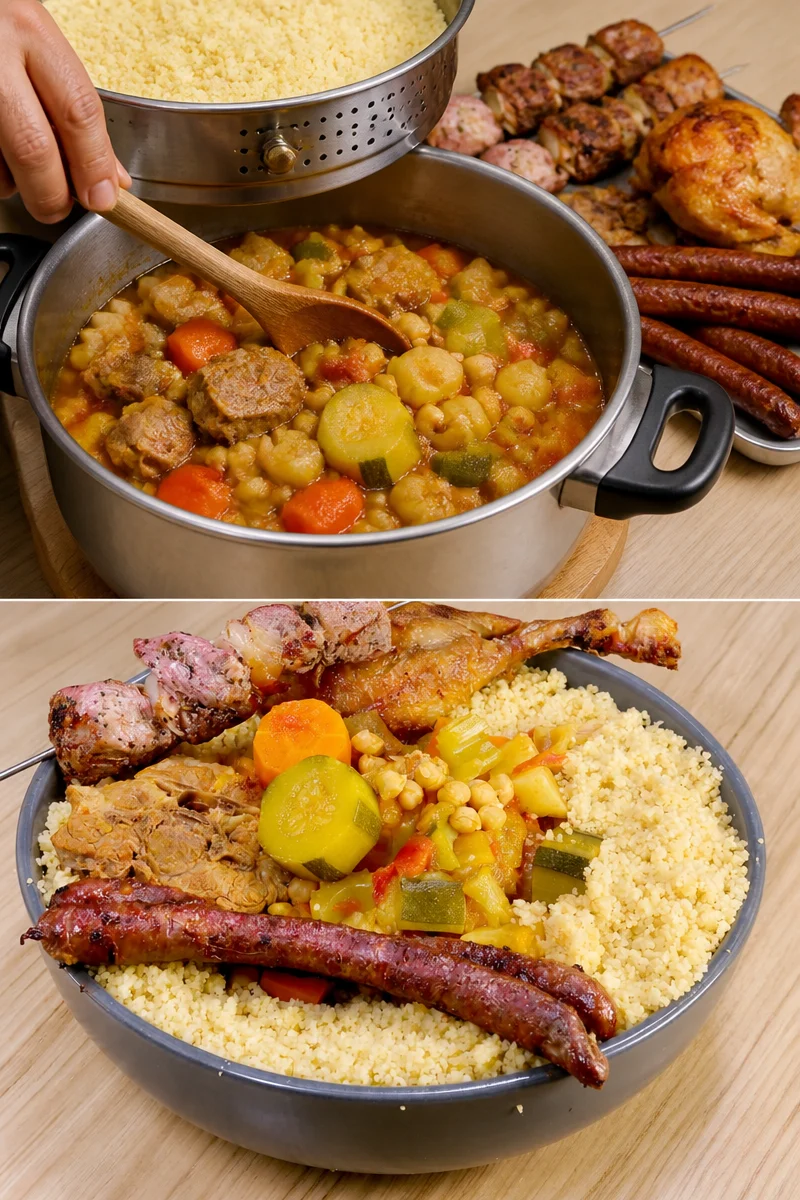 Couscous royal avec agneau, poulet et merguez, plat traditionnel savoureux