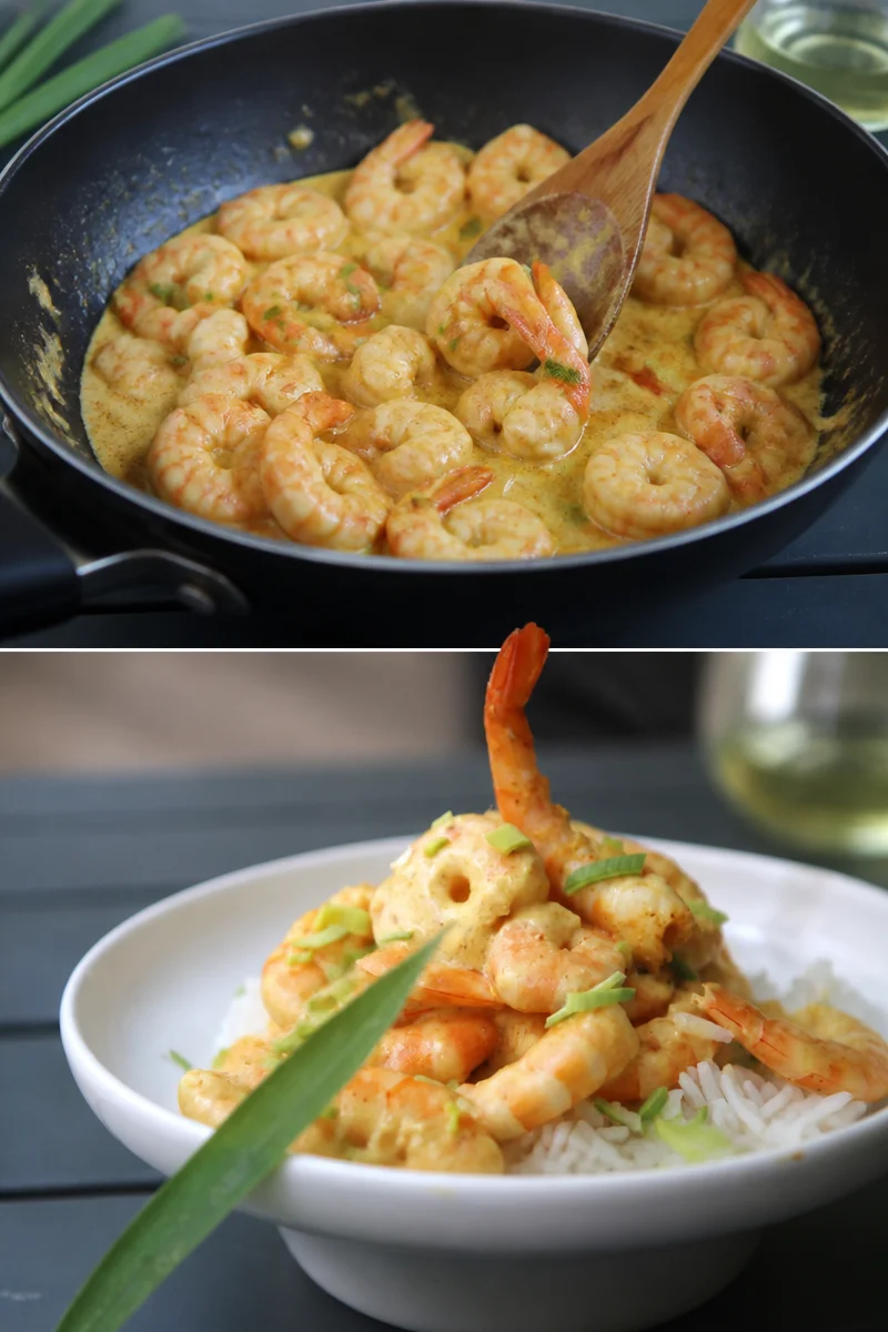 Plat de crevettes au curry express servi avec du riz