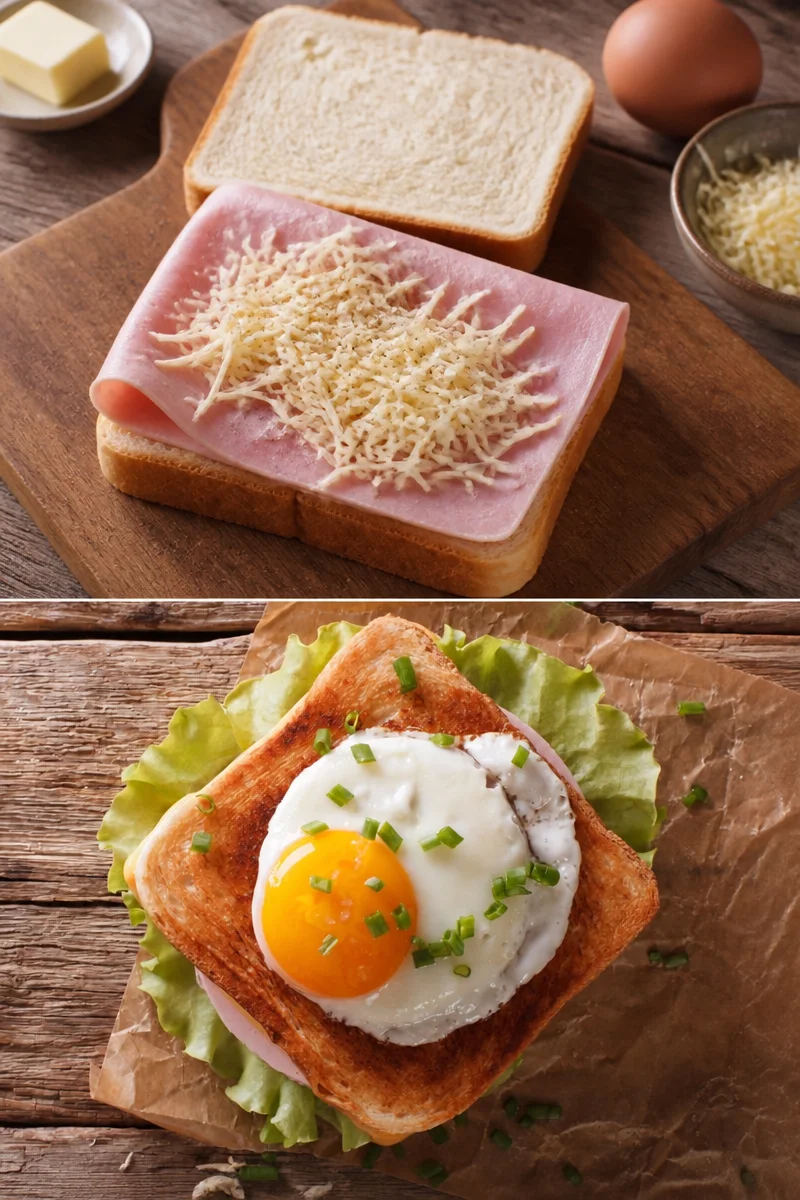 Croque madame garni de fromage et d'un œuf au plat, plat français classique.