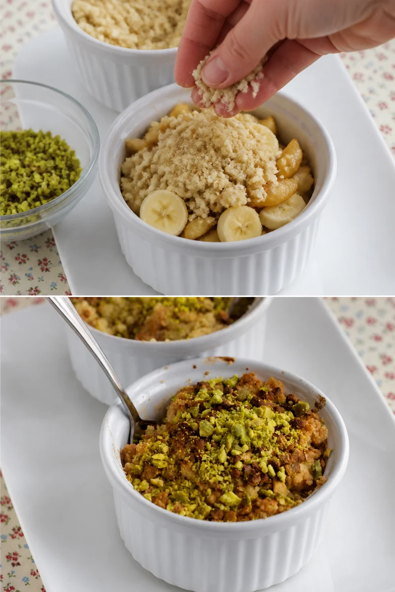 Crumble à la banane frais sorti du four, garni de flocons d'avoine et de morceaux de bananes.