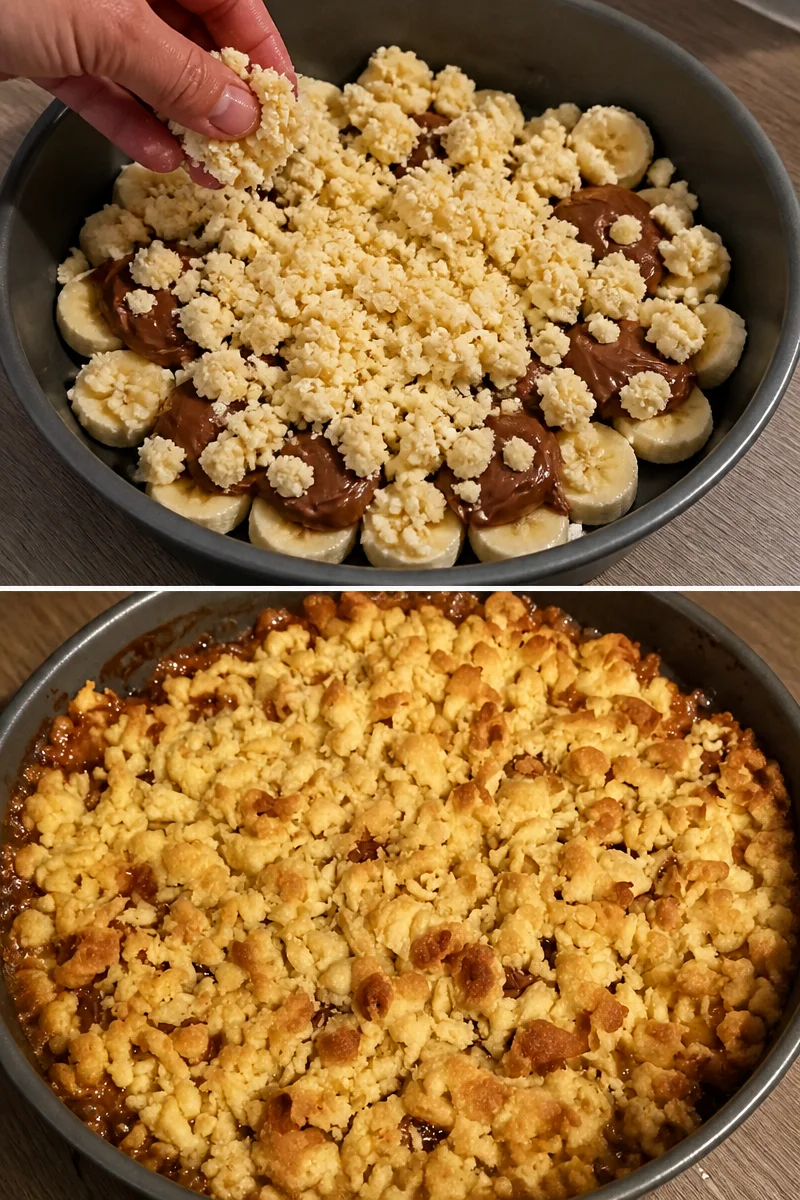 Crumble banane savoureux avec une croûte dorée et des bananes juteuses