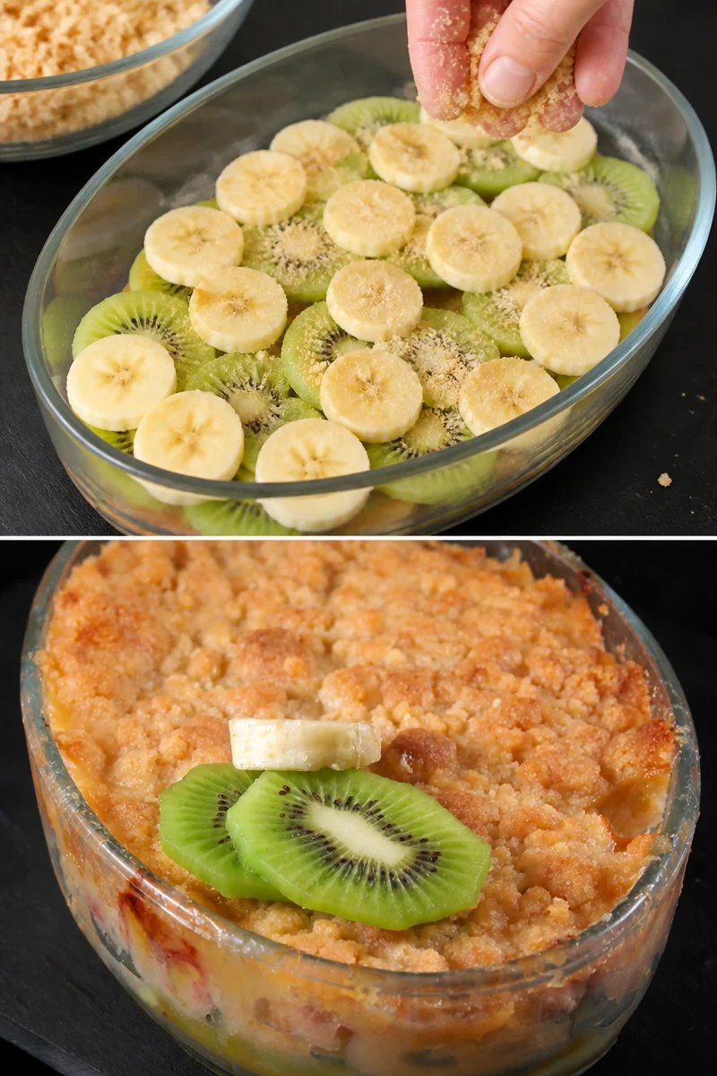 Crumble banane et kiwi délicieux dans un plat en céramique