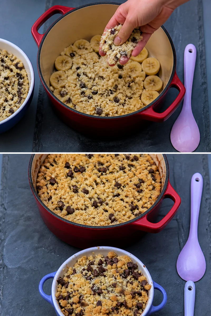 Crumble pépites de chocolat à la banane, un dessert savoureux et facile à réaliser.