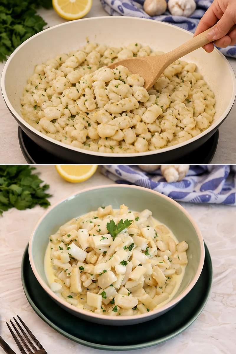 Encornets sautés à la persillade, plat savoureux avec des assaisonnements frais.
