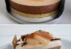 Entremets mousse poire chocolat avec nappage caramel, dessert gourmet