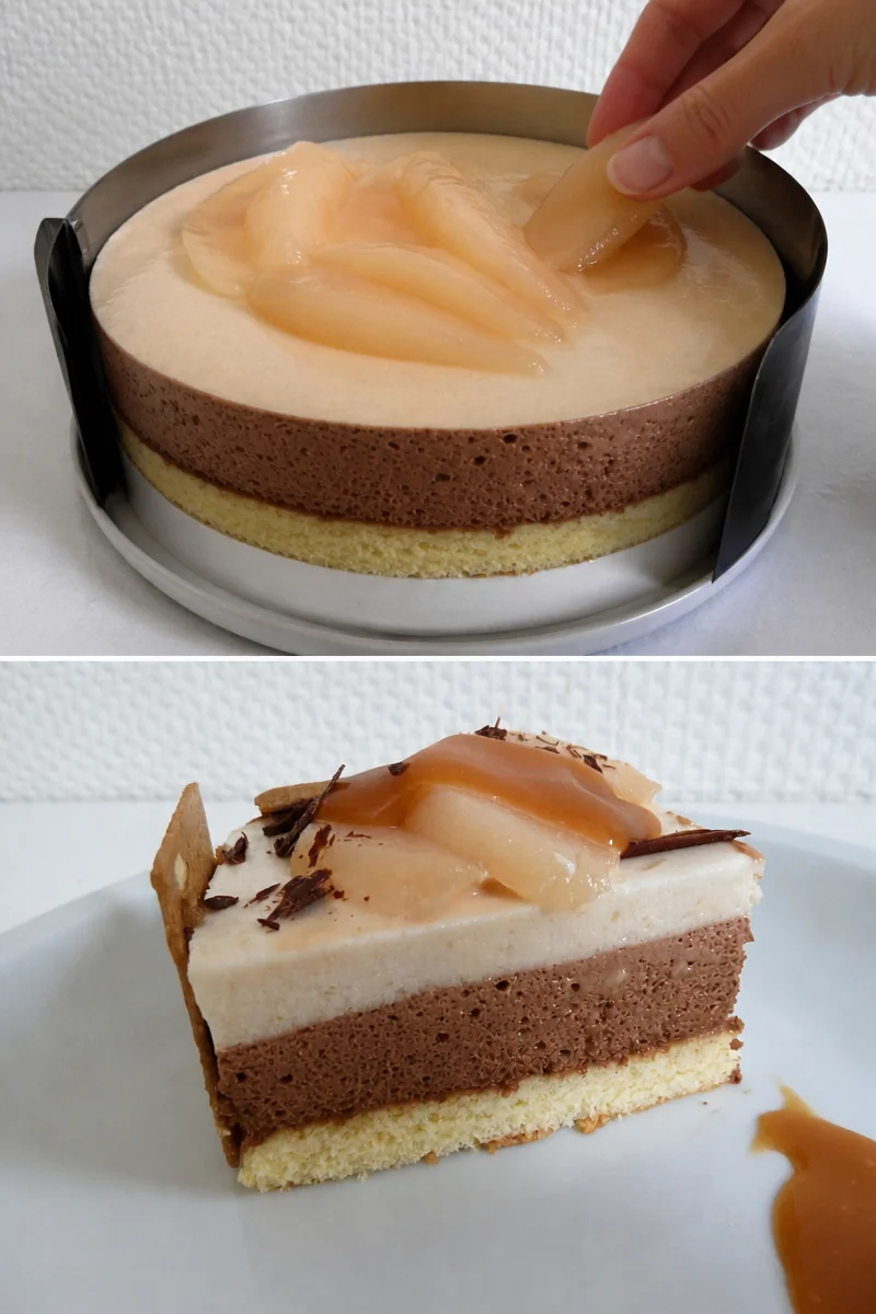 Entremets Saveurs du Nord avec mousse poire, chocolat et nappage caramel