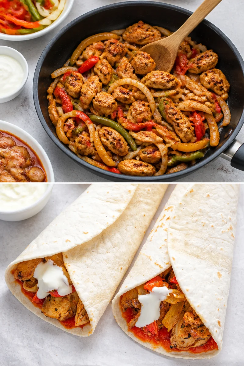 Fajitas de poulet garnies de légumes colorés et servies avec des tortillas