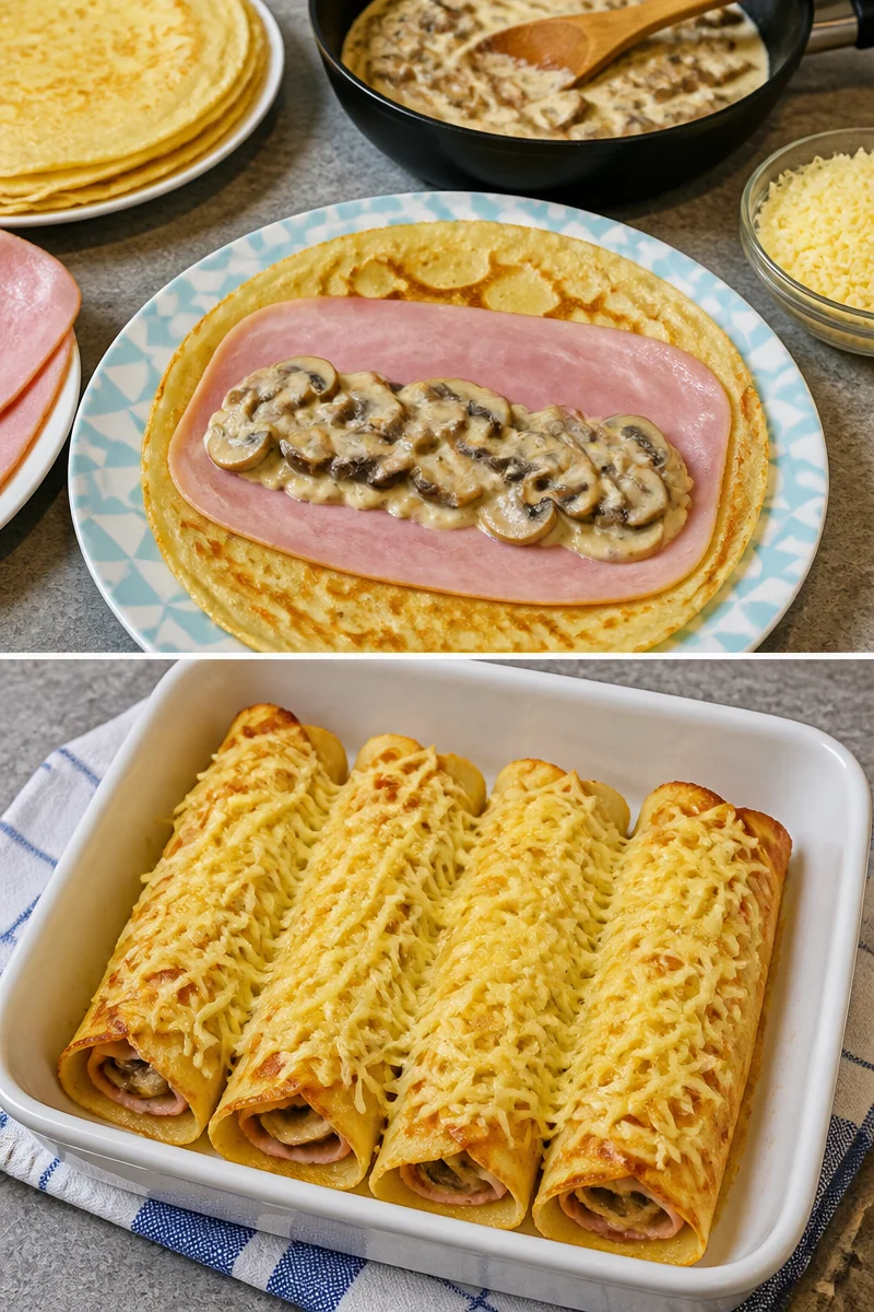Ficelle picarde traditionnelle garnie de fromage et jambon