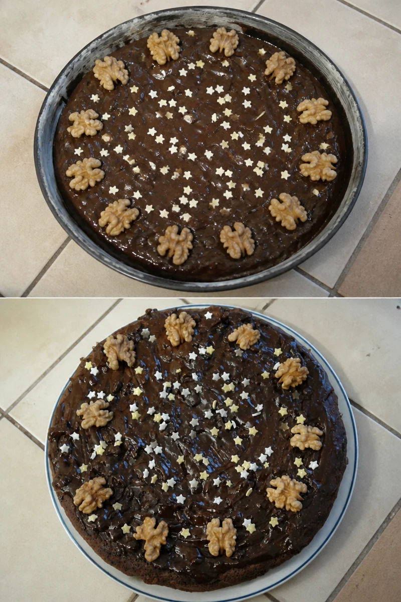 Gâteau au chocolat aux noix, un dessert savoureux et moelleux.