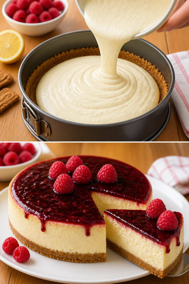 Gâteau au speculoos garnie de fromage blanc et coulis de framboise