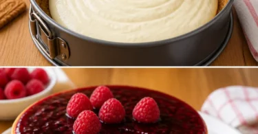Gâteau au speculoos avec fromage blanc et coulis de framboise