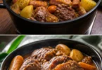 Joues de porc confites au cidre servies avec des légumes.