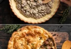 Une savoureuse tourte aux champignons dorée et appétissante, prête à être servie.