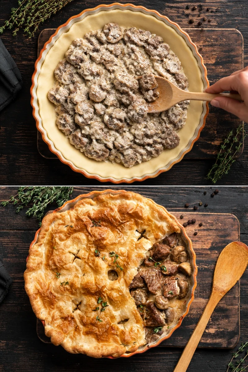 Une savoureuse tourte aux champignons dorée et appétissante, prête à être servie.