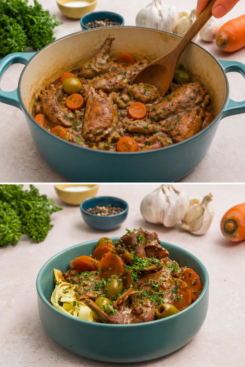 Plat de lapin sauce chasseur avec légumes et herbes aromatiques