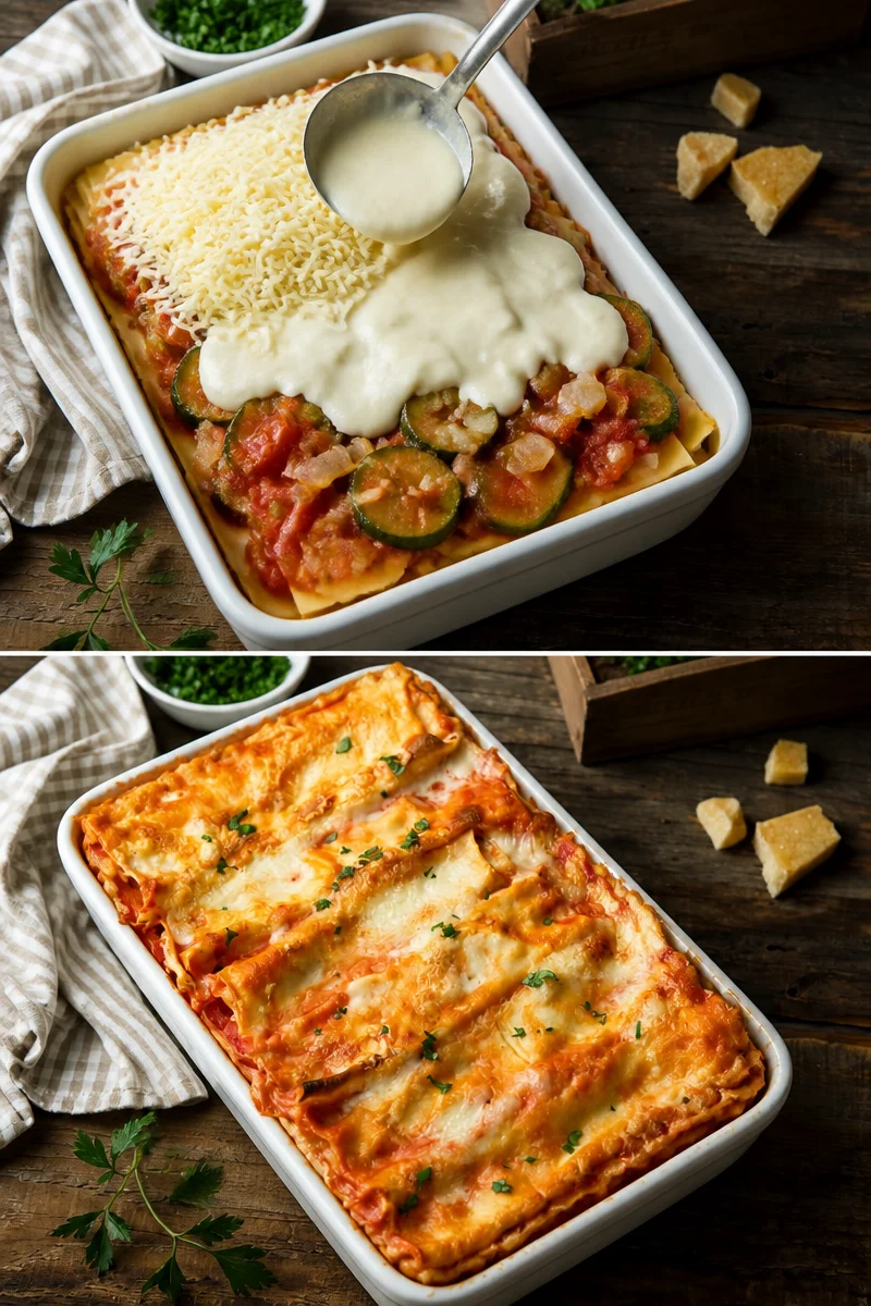 Recette de lasagnes végétariennes faciles et savoureuses sur une table de cuisine.