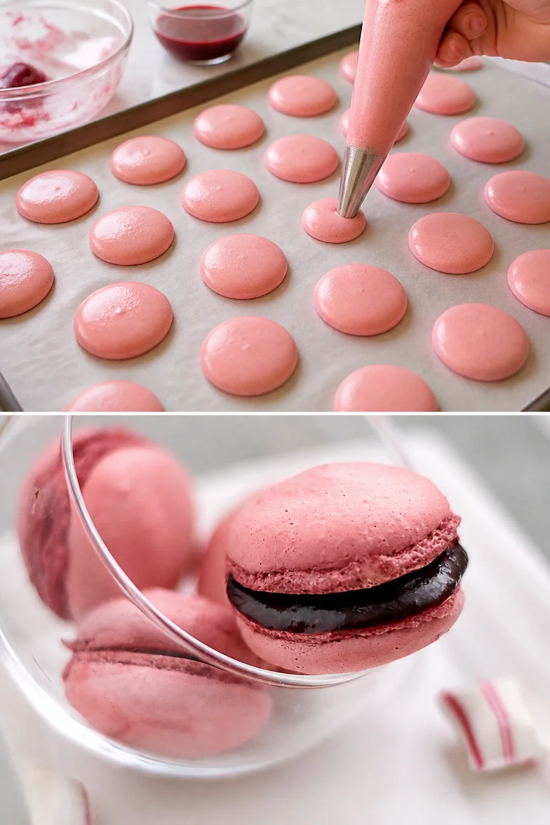 Macarons framboise colorés sur une assiette élégante