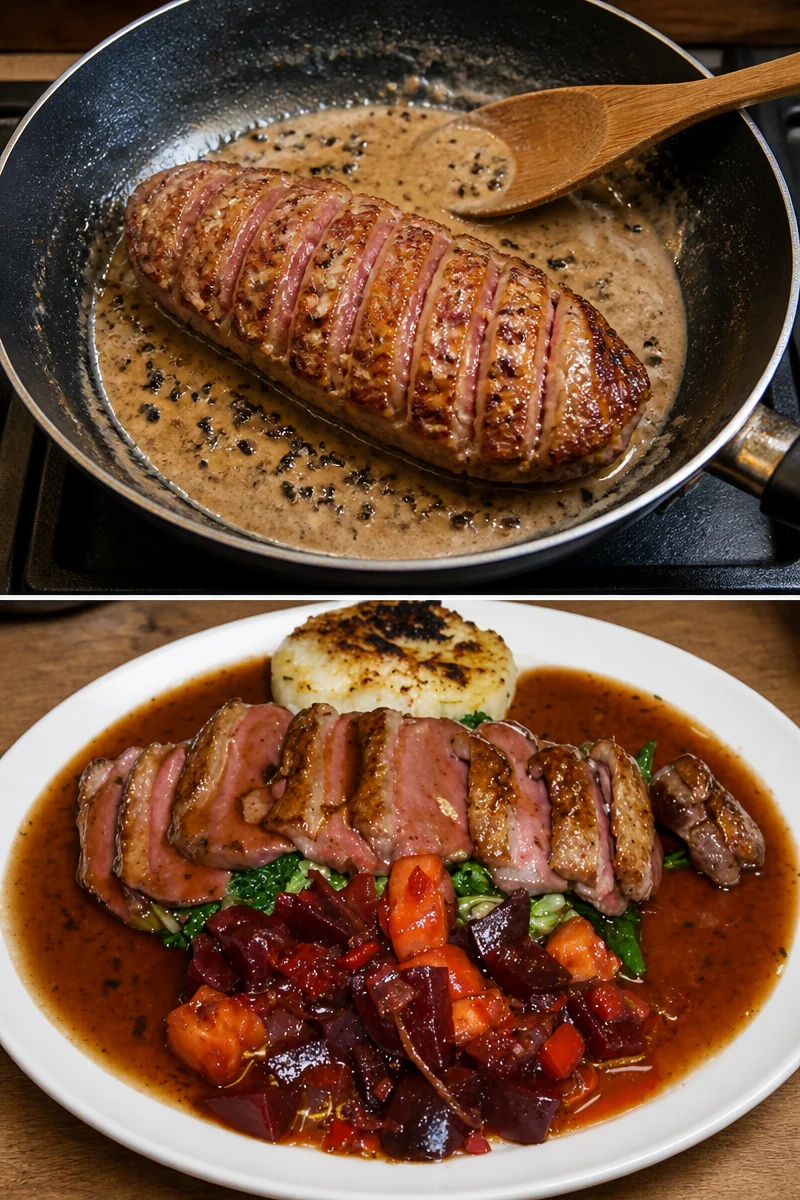 Magret de canard avec sauce épicée aux poivres, un plat gourmand et raffiné