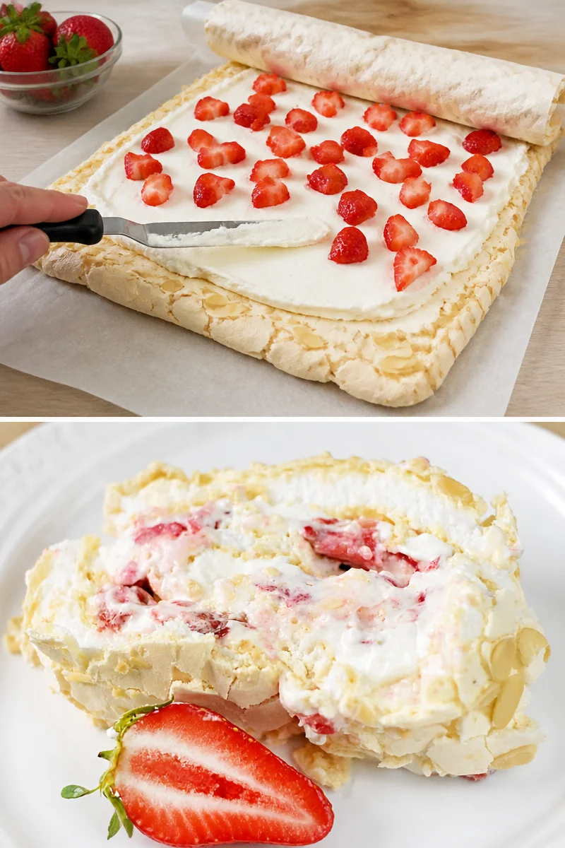 Meringue roulée aux fraises et aux amandes, un dessert élégant et savoureux
