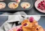 Muffins aux framboises fraîchement cuits dans un moule à muffins en inox