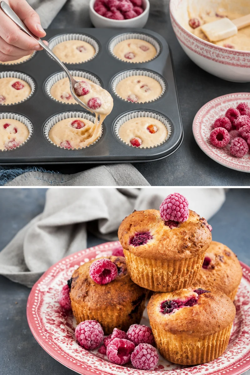Muffins aux framboises fraîchement cuits dans un moule à muffins en inox