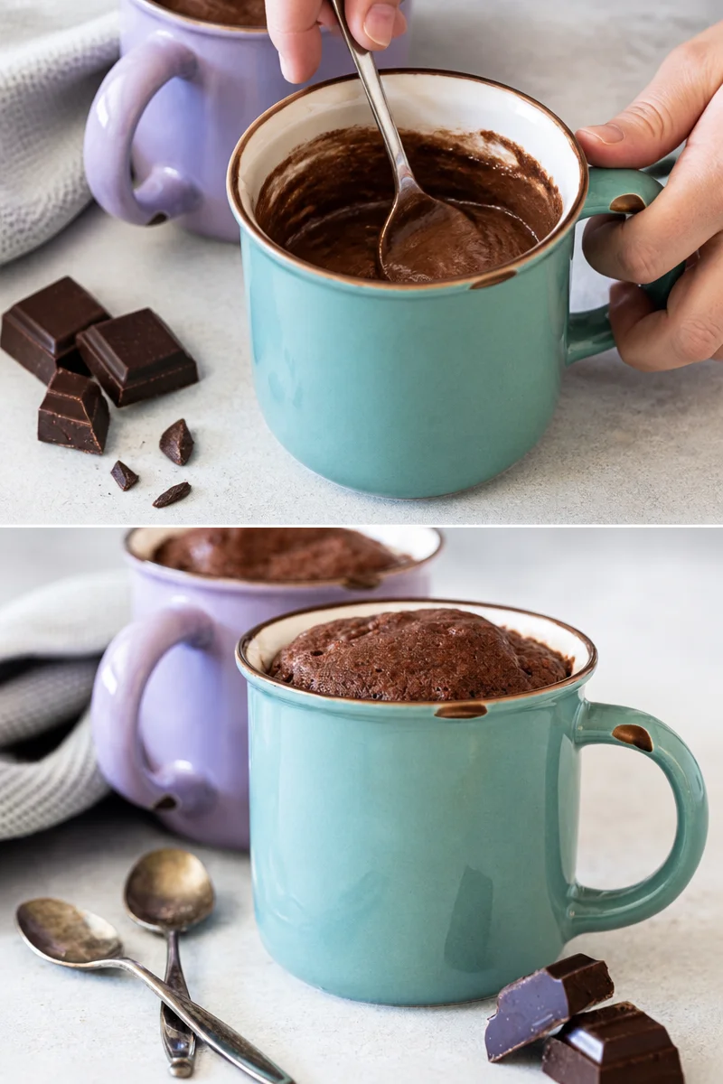 Mugcake au chocolat chaud et délicieux, préparé au micro-ondes dans une tasse.