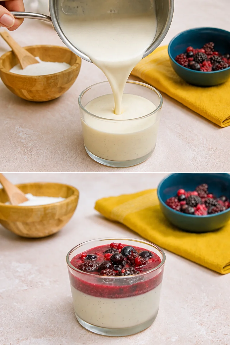 Panna cotta garnie de coulis de fruits rouges, un dessert gourmet.