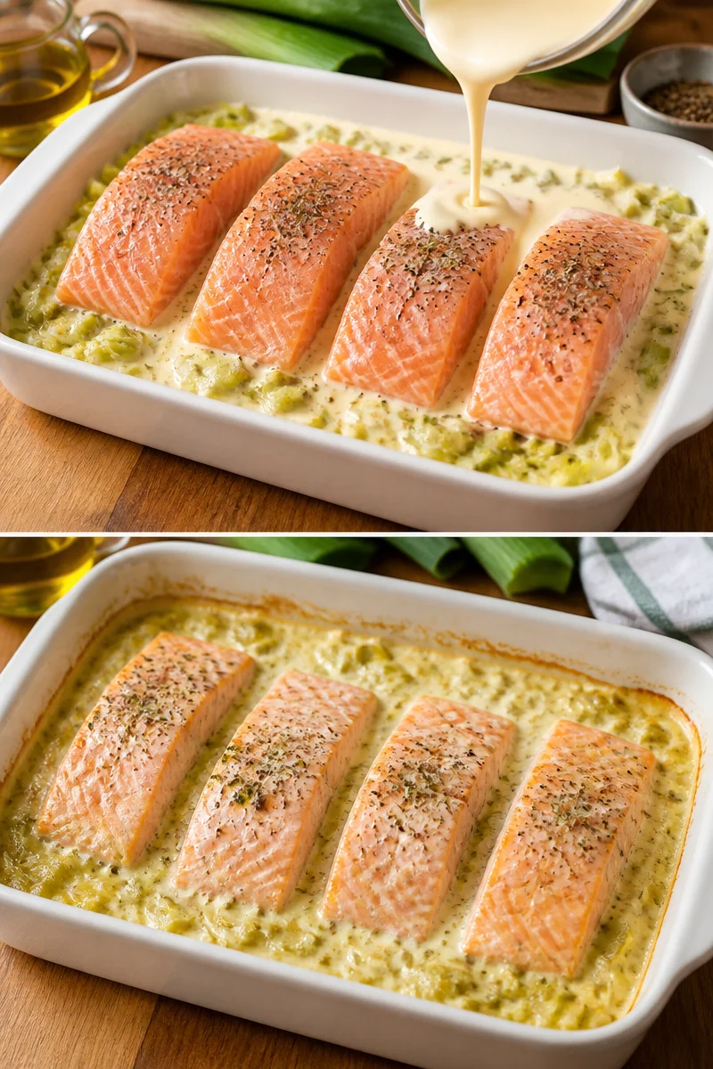Pavé de saumon accompagné de poireaux en plat savoureux