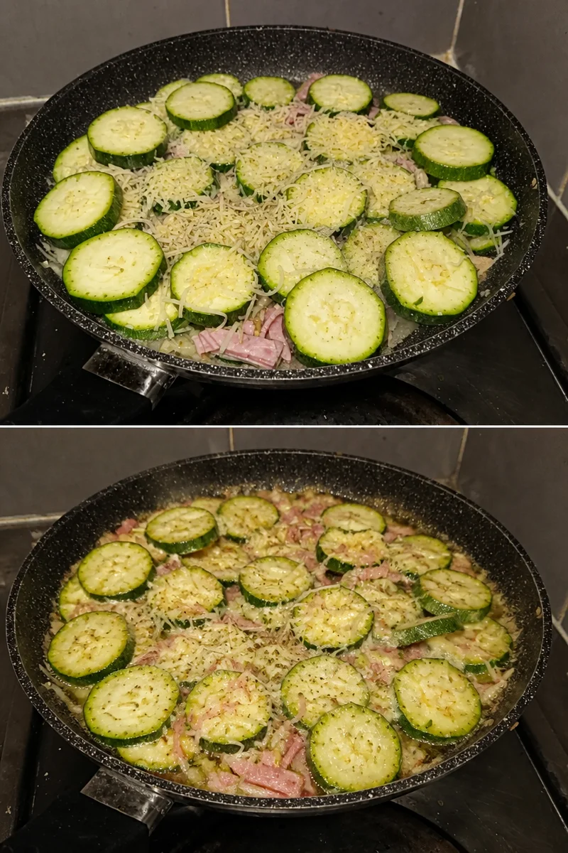 Poêlée de courgettes au jambon servie dans une assiette colorée.