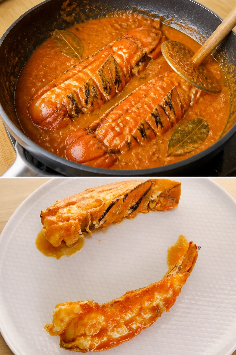 Queue de langouste à l'armoricaine prête à être dégustée, parfumée aux épices marines.