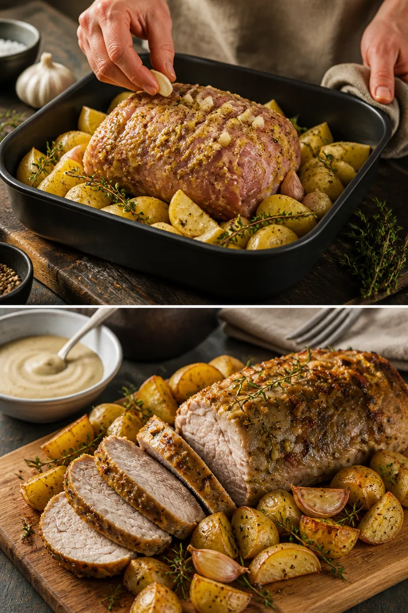 Rôti de porc à l'ail et au thym avec rattes au four