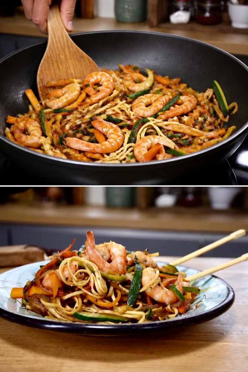 Sauté de nouilles aux crevettes, un plat rapide et délicieux en 25 minutes