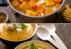 Soupe 3C avec courge, carotte et coco dans un bol savoureux.