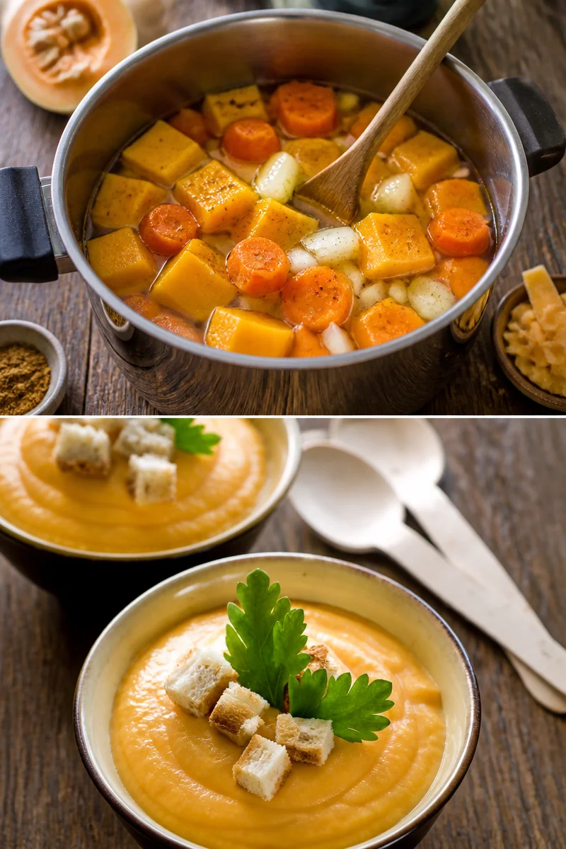 Soupe 3C avec courge, carotte et coco dans un bol savoureux.