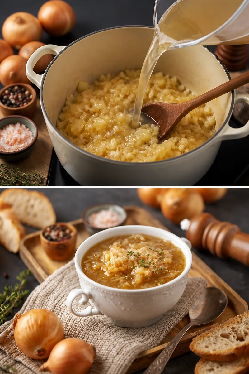 Soupe à l'oignon traditionnelle servie dans un bol, garnie de fromage fondu.