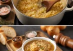 Soupe à l'oignon façon grand-mère servie dans un bol avec du fromage fondu