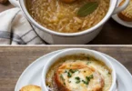 Soupe à l'oignon gratinée servie dans un bol en céramique