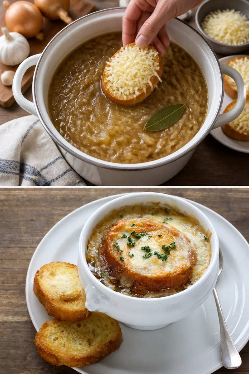 Bol de soupe à l'oignon gratinée dorée avec du fromage fondu sur le dessus.