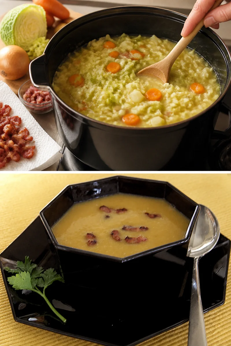 Soupe au chou de Savoie garnie de lardons appétissants