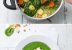 Bol de soupe aux épinards garnie de crème et de croûtons.