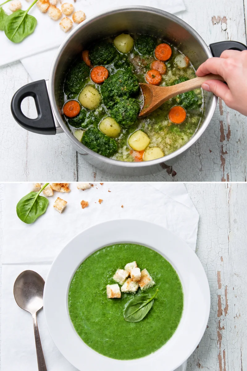 Bol de soupe aux épinards garnie de crème et de croûtons.