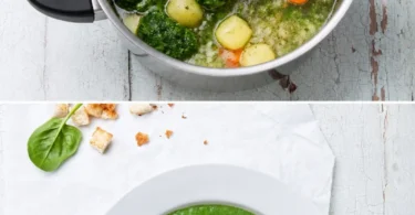 Soupe aux épinards chaude et crémeuse servie dans un bol.