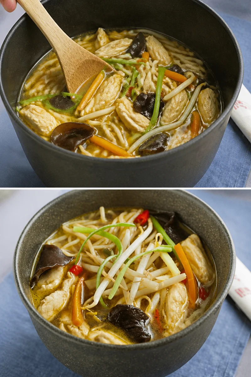 Soupe chinoise au poulet avec légumes frais dans un bol